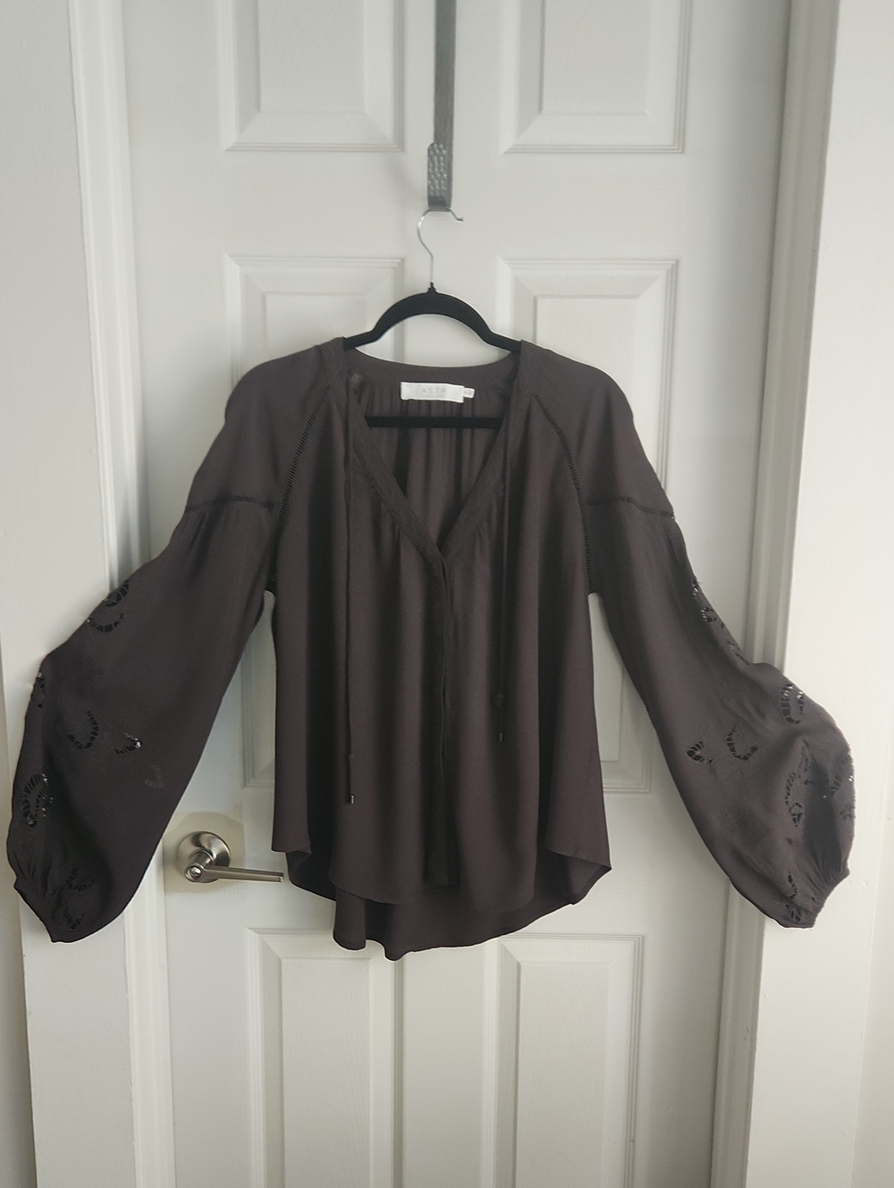Astr Boho V-Neck Balloon Sleeve Blouse - Charcoal Brown